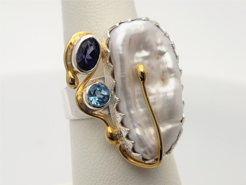 Sterling silver and vermeil ring with pearl, iolite, and topaz by Michou