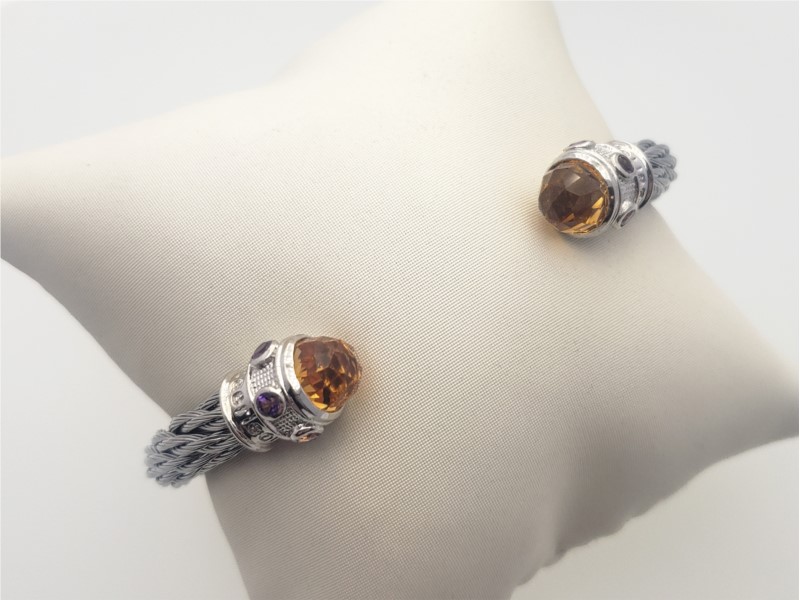 Steel cable with citrine and amethyst bangle by Goldman Kolber