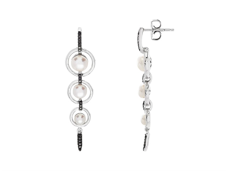 Sterling silver dangle earrings with pearl and black diamonds by Honora