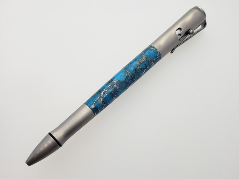Bolt II "Bisbee" turquoise, stainless steel, and white topaz pen by William Henry Studio