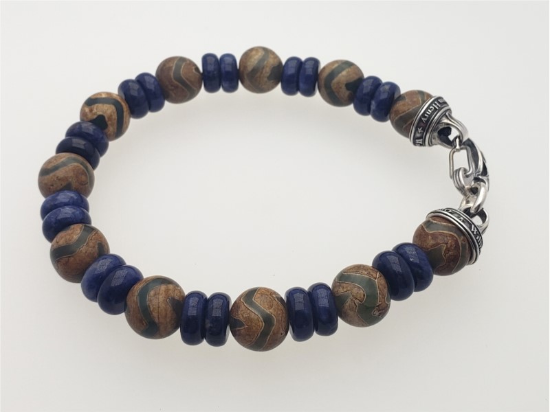 "Enlightenment" bracelet with Tibetan agate, sodalite, and stainless cable by William Henry Studio