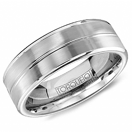 White cobalt mens band with brushed finish and polished grooves and edges by Crown Ring