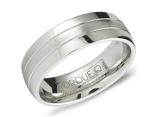 White cobalt mens band with brushed center and double inset line by Crown Ring