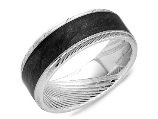 Black and white damascus steel mens band with sandpaper center and polish edge by Crown Ring