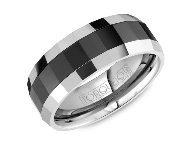 Gray tungsten with black ceramic inlay mens band by Crown Ring