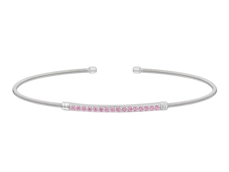 Rhodium finish silver cable cuff bracelet with simulated pink sapphires by Bella Cavo
