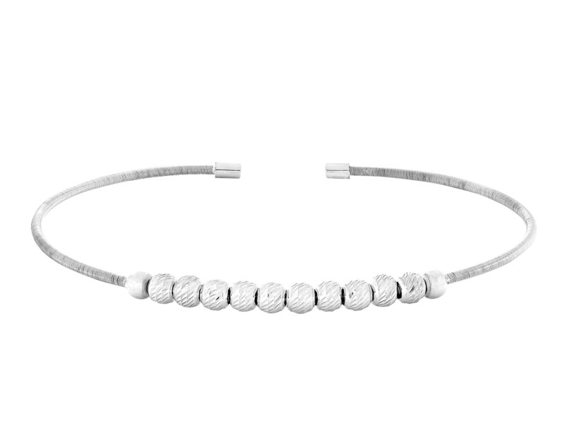 Rhodium Finish Sterling Silver Cable Cuff Bracelet with Ten Diamond Cut Spinning Beads by Bella Cavo