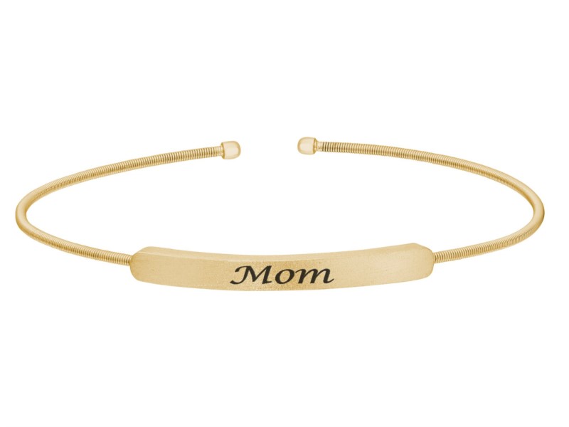 Gold cable cuff bracelet with Mom plate by Bella Cavo